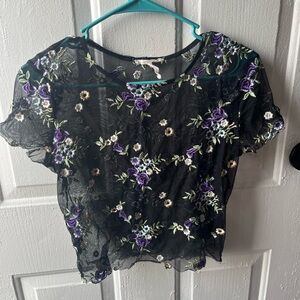 Urban Outfitters Black Sheer Crop Top with Purple & Cream Floral Embroidery